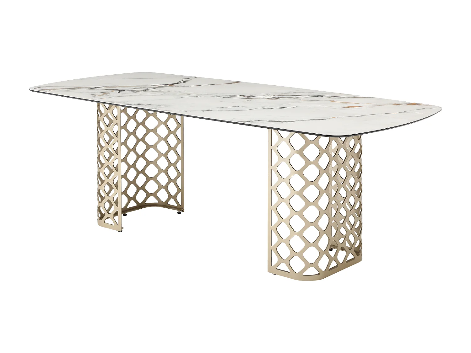 Mesa de jantar 8 lugares em vidro temperado e cerâmica efeito mármore branco e dourado - GOLDENA