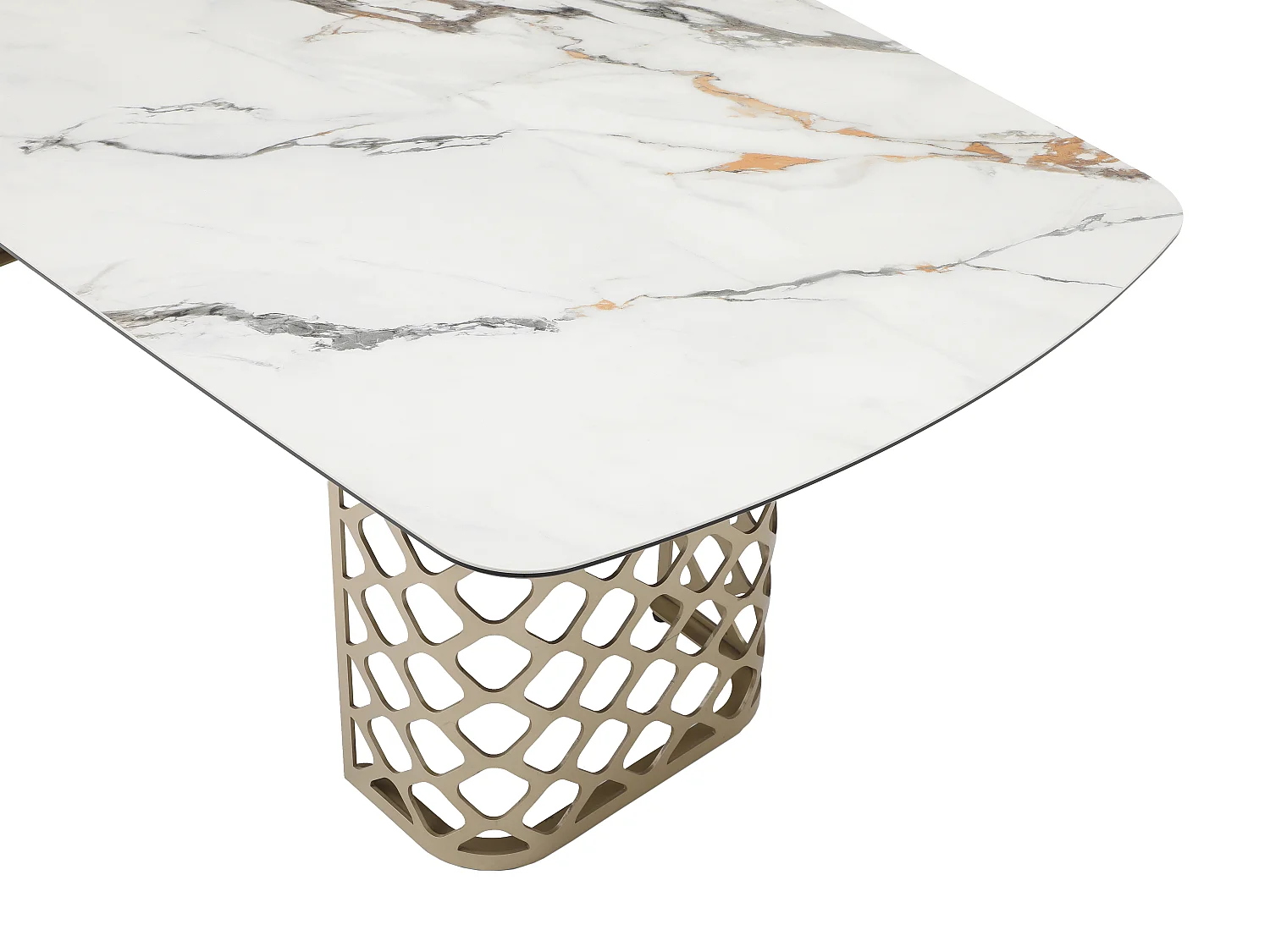 Mesa de jantar 8 lugares em vidro temperado e cerâmica efeito mármore branco e dourado - GOLDENA