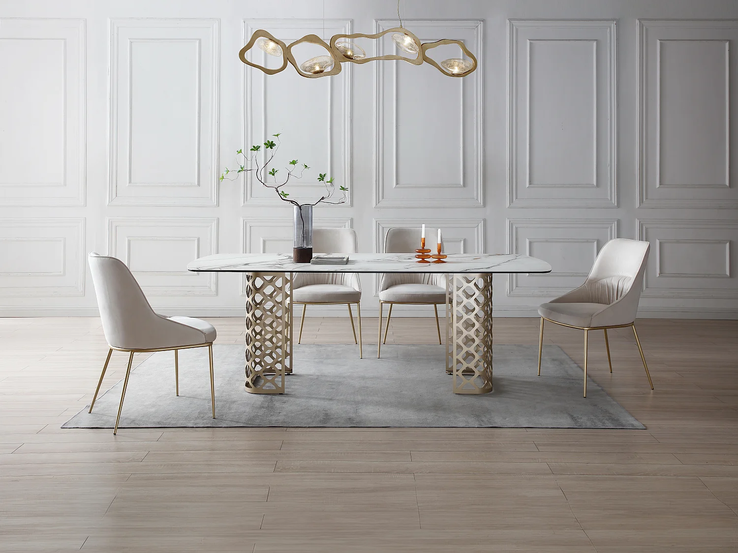 Table à manger 8 personnes en verre trempé et céramique - Effet marbre blanc et doré - GOLDENA