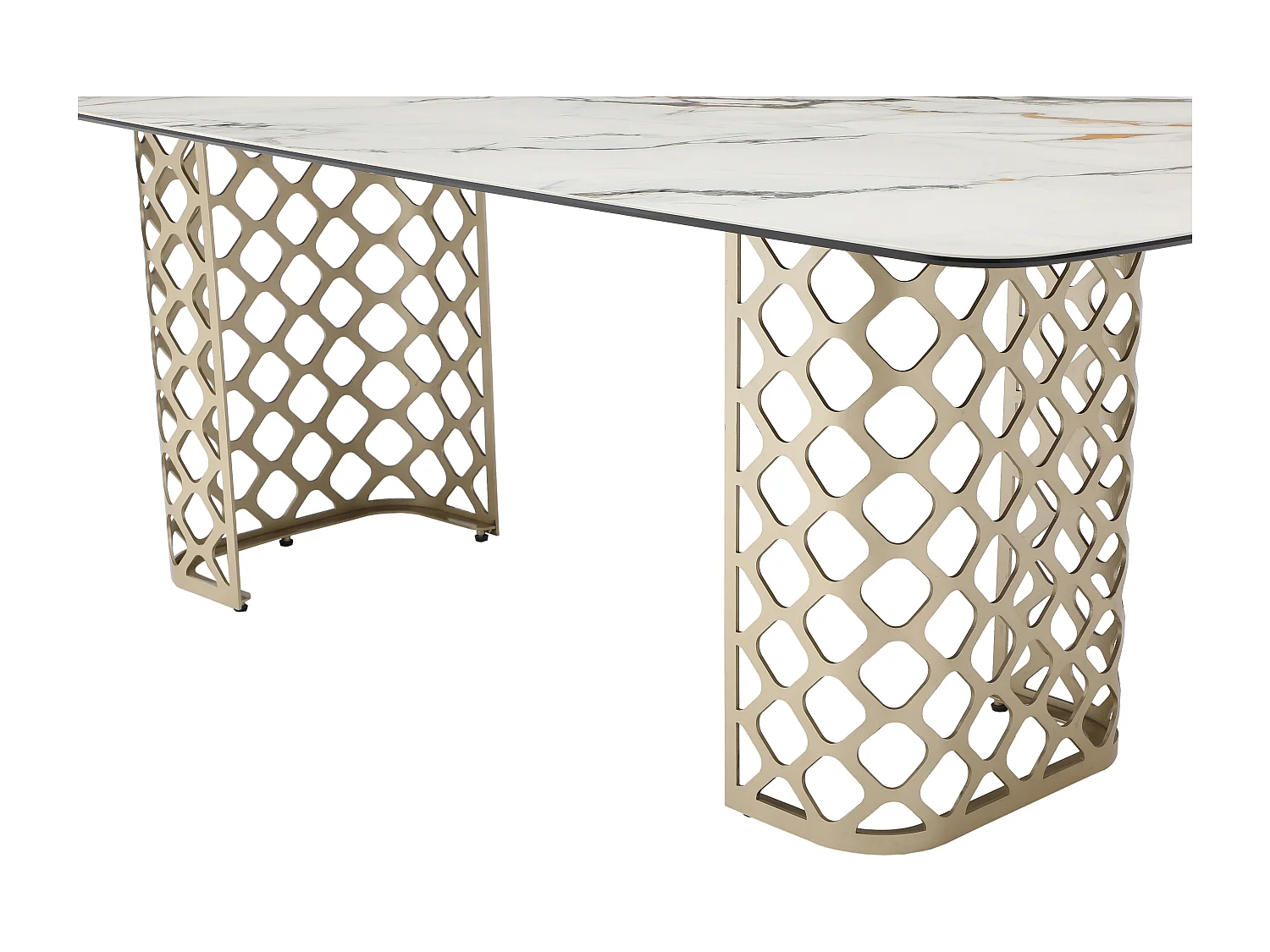 Table à manger 8 personnes en verre trempé et céramique - Effet marbre blanc et doré - GOLDENA