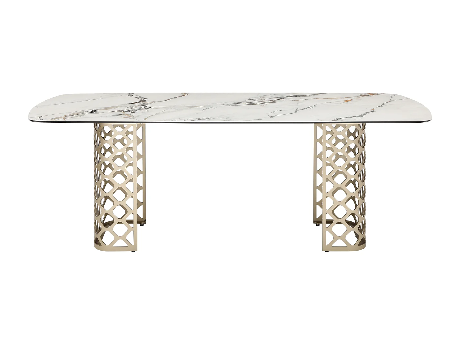 Table à manger 8 personnes en verre trempé et céramique - Effet marbre blanc et doré - GOLDENA