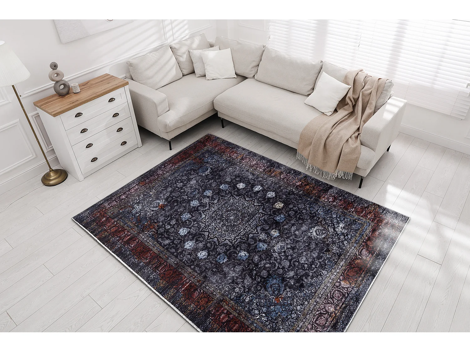 Tapis lavable MIRO 51600.810 Rosette, cadre antidérapant - bleu fonc� 160x220 cm
