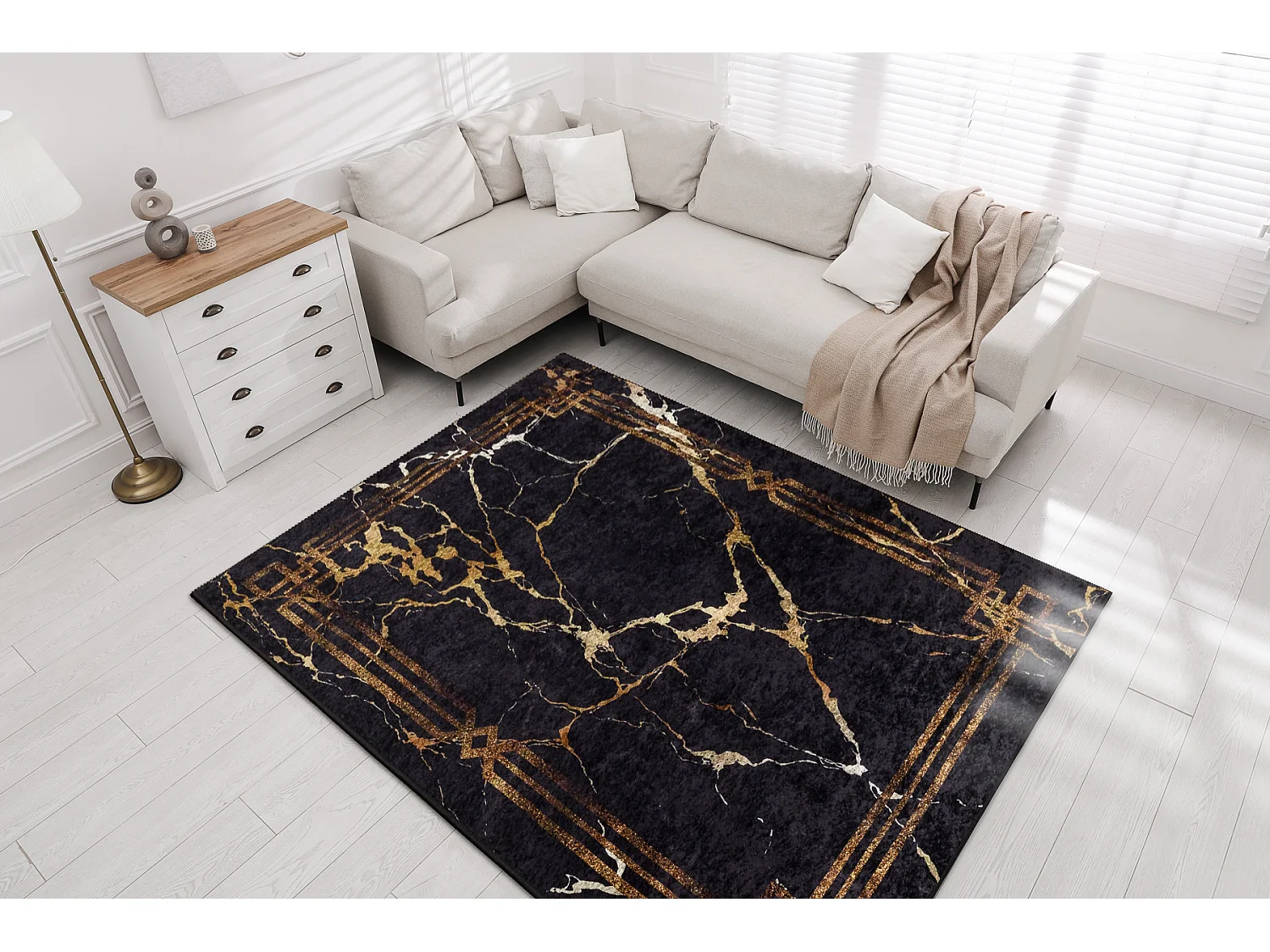 Tapis lavable MIRO 51333.801 Marbre, cadre antidérapant - noir / or 80x150 cm