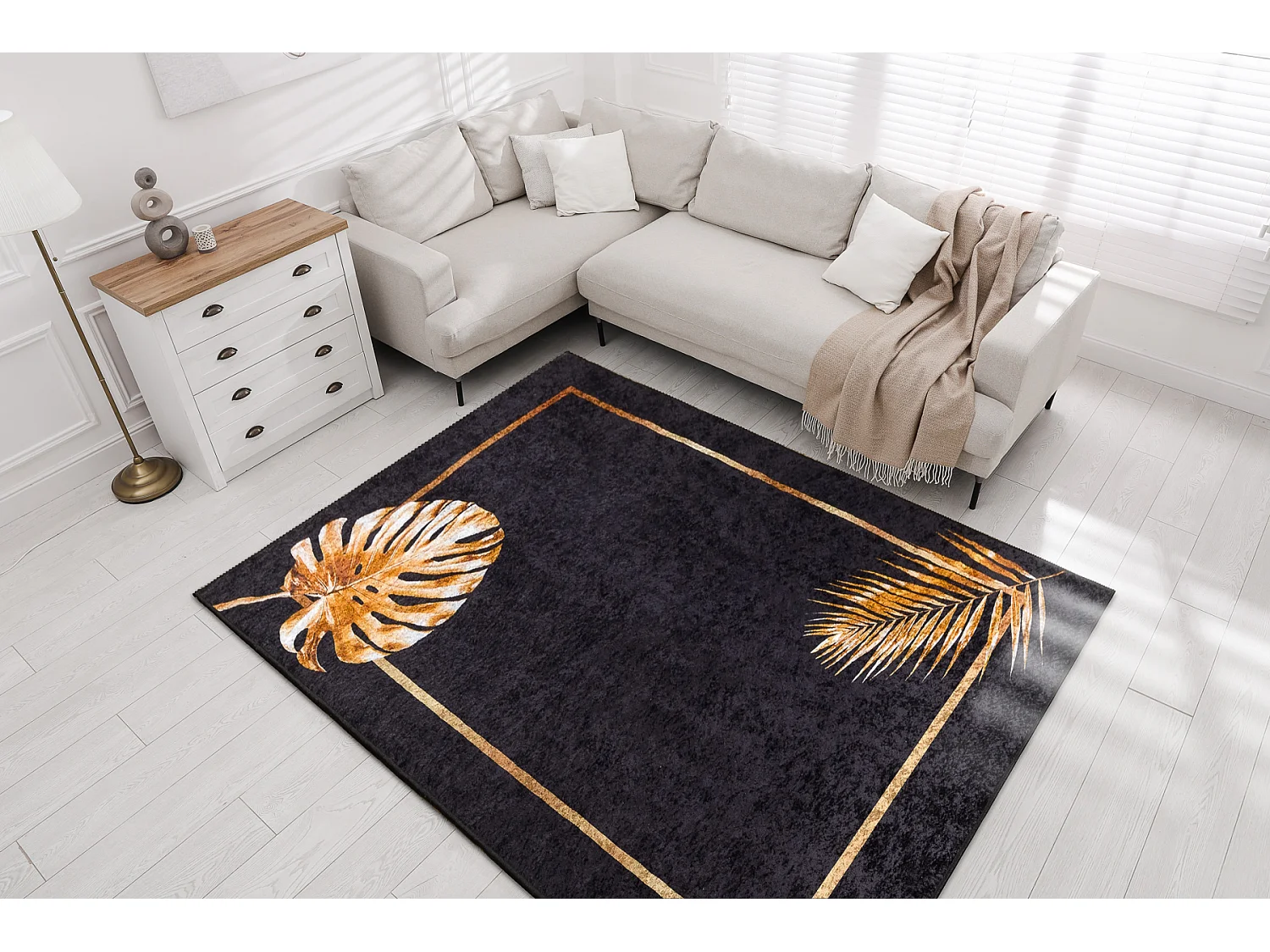 MIRO 51518.805 tapijt wasbaar Bladeren, kader antislip - zwart / goud 160x220 cm