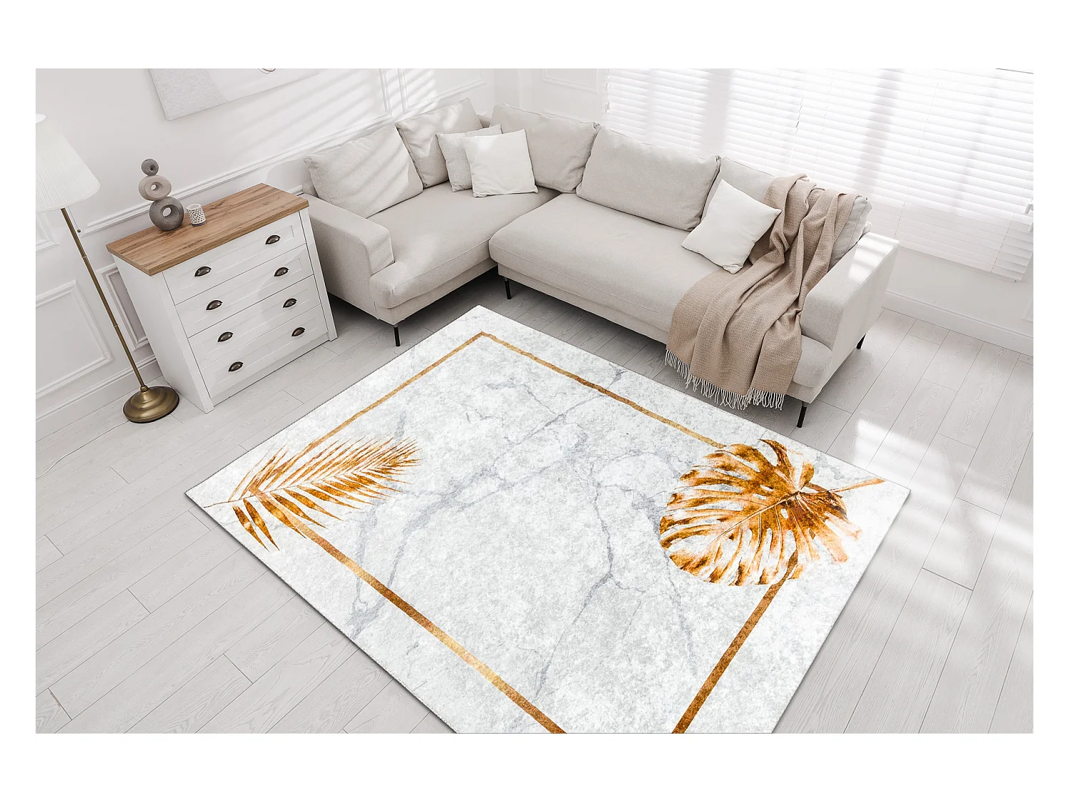 MIRO 51518.806 tapijt wasbaar Bladeren, kader antislip - grijs / goud 80x150 cm