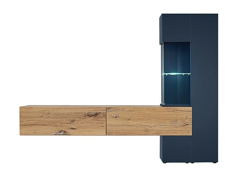 Meuble TV MARIANO – Ensemble complet, coloris bleu marine et chêne