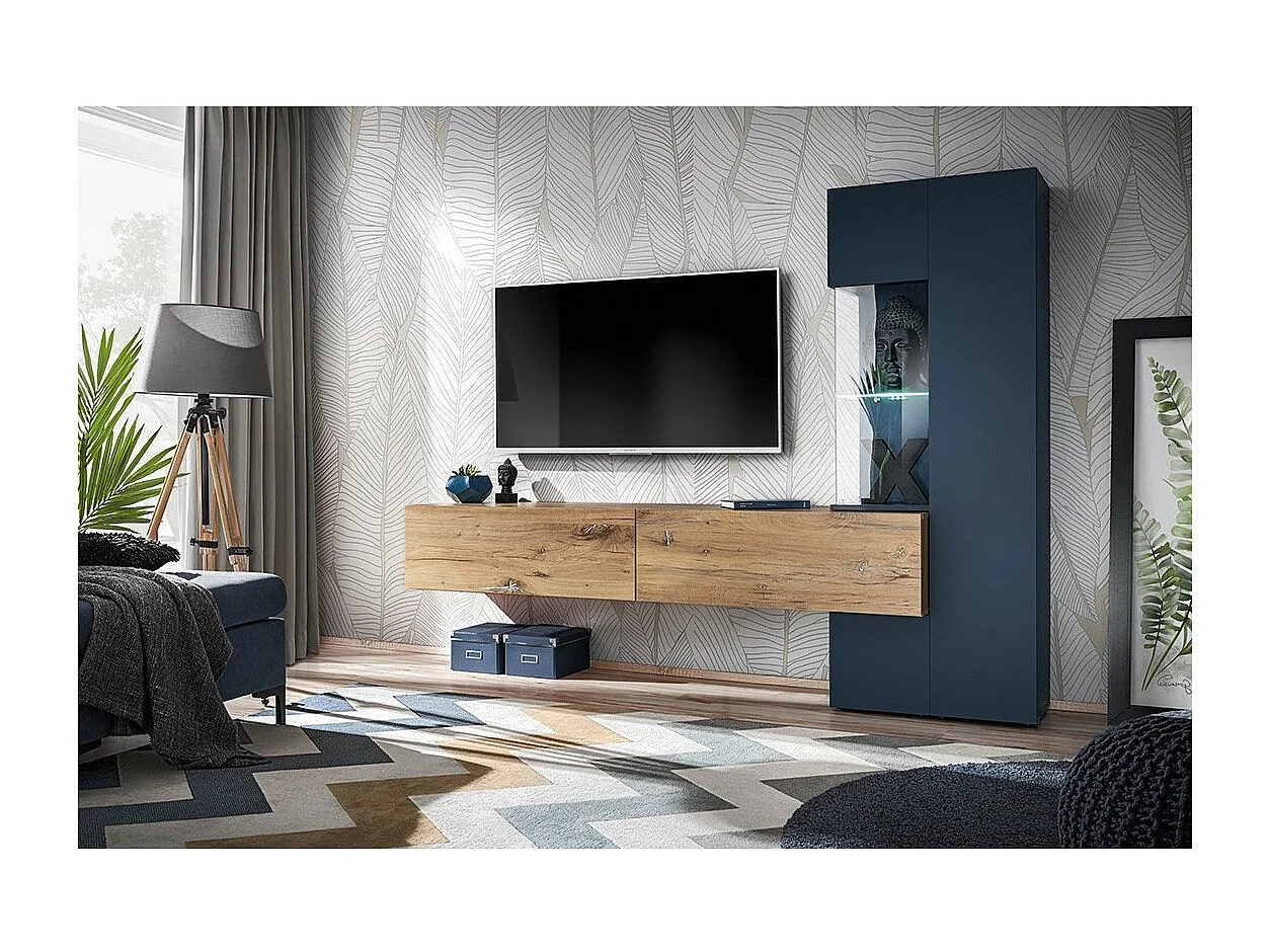 Meuble TV MARIANO – Ensemble complet, coloris bleu marine et chêne