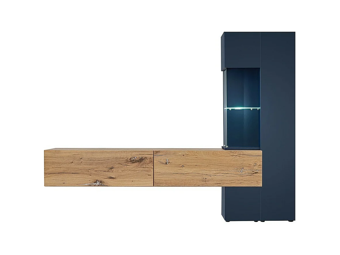 Meuble TV MARIANO – Ensemble complet, coloris bleu marine et chêne