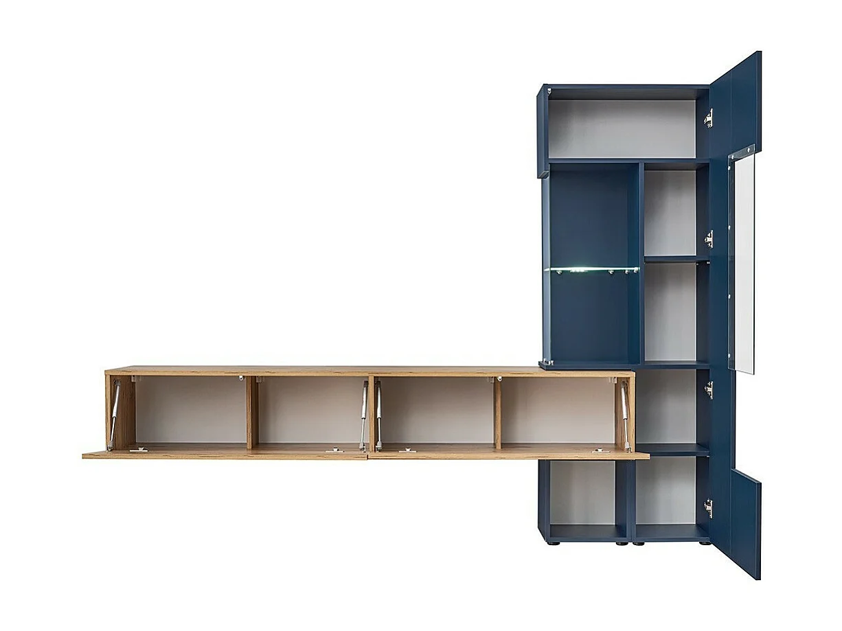 Composição de parede coleção MARIANO cor azul-marinho e carvalho. LED incluso. Móvel de TV design.