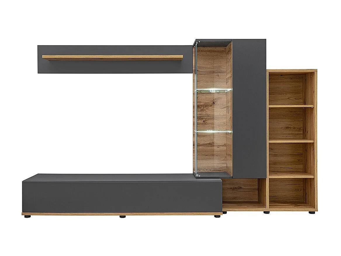 Wandkomposition Kollektion KLIS 2 in Anthrazitgrau und Eiche. LED inklusive. Designer-TV-Möbel