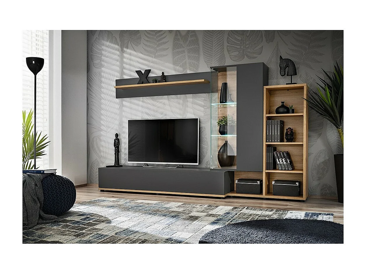 Composition murale collection KLIS 2 coloris gris anthracite et chêne. LED incluses. Meuble tv design
