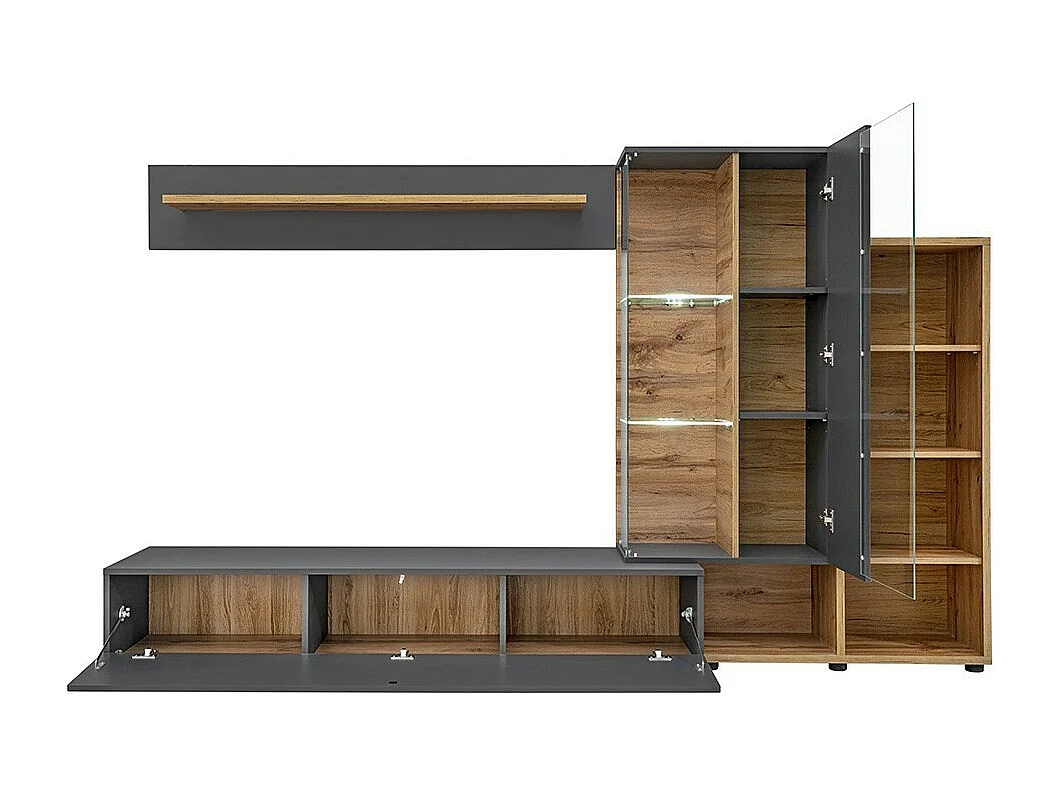 Composition murale collection KLIS 2 coloris gris anthracite et chêne. LED incluses. Meuble tv design