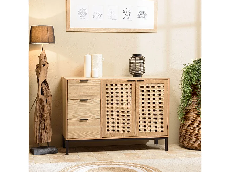 MARCEAU - Buffet en bois 3 tiroirs 2 portes cannage naturel