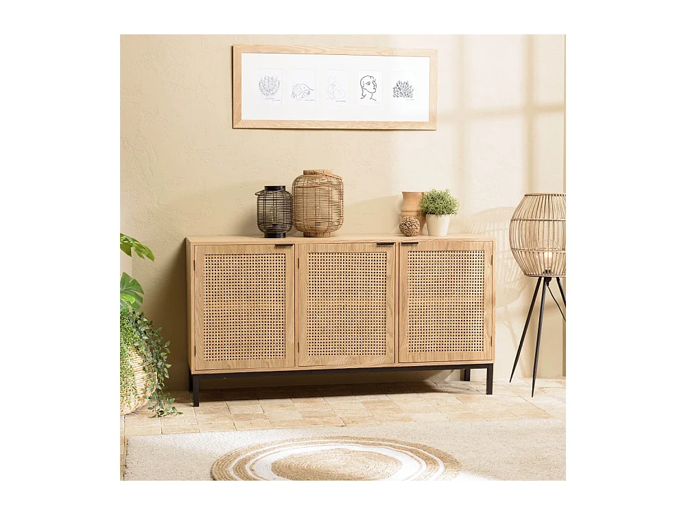 MARCEAU - Buffet 3 portes cannage naturel pieds métal noir