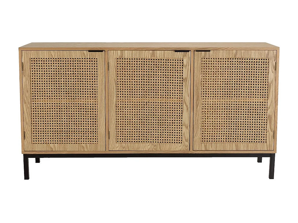 MARCEAU - Buffet en bois 3 portes cannage naturel pieds métal noir