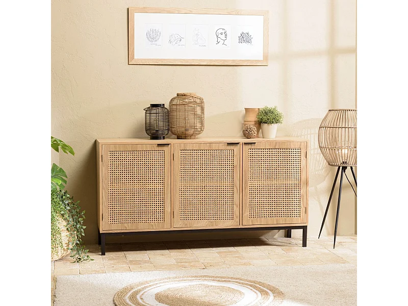 MARCEAU - Buffet en bois 3 portes cannage naturel pieds métal noir
