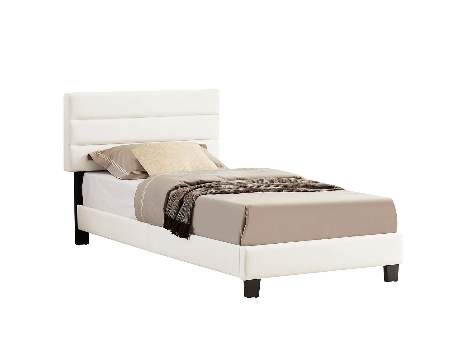 Lit 1 place FLORIDA 90x190 cm avec sommier, lit simple pour enfant ou adulte, hauteur réglable, lit en tissu blanc