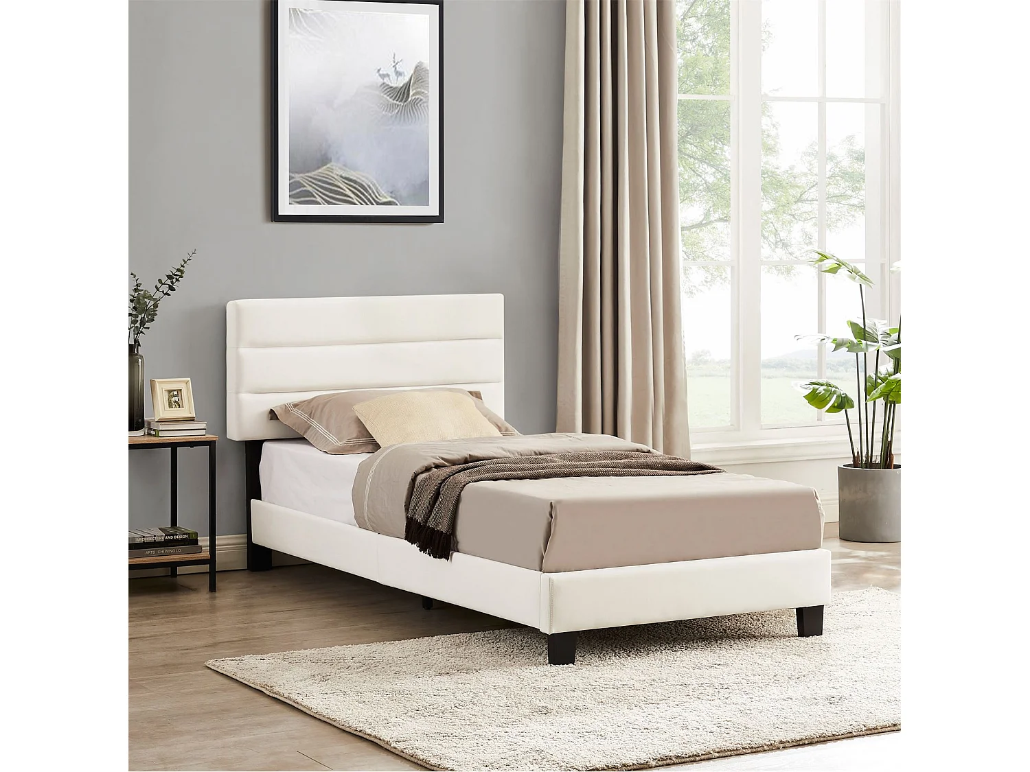 Lit 1 place FLORIDA 90x190 cm avec sommier, lit simple pour enfant ou adulte, hauteur réglable, lit en tissu blanc