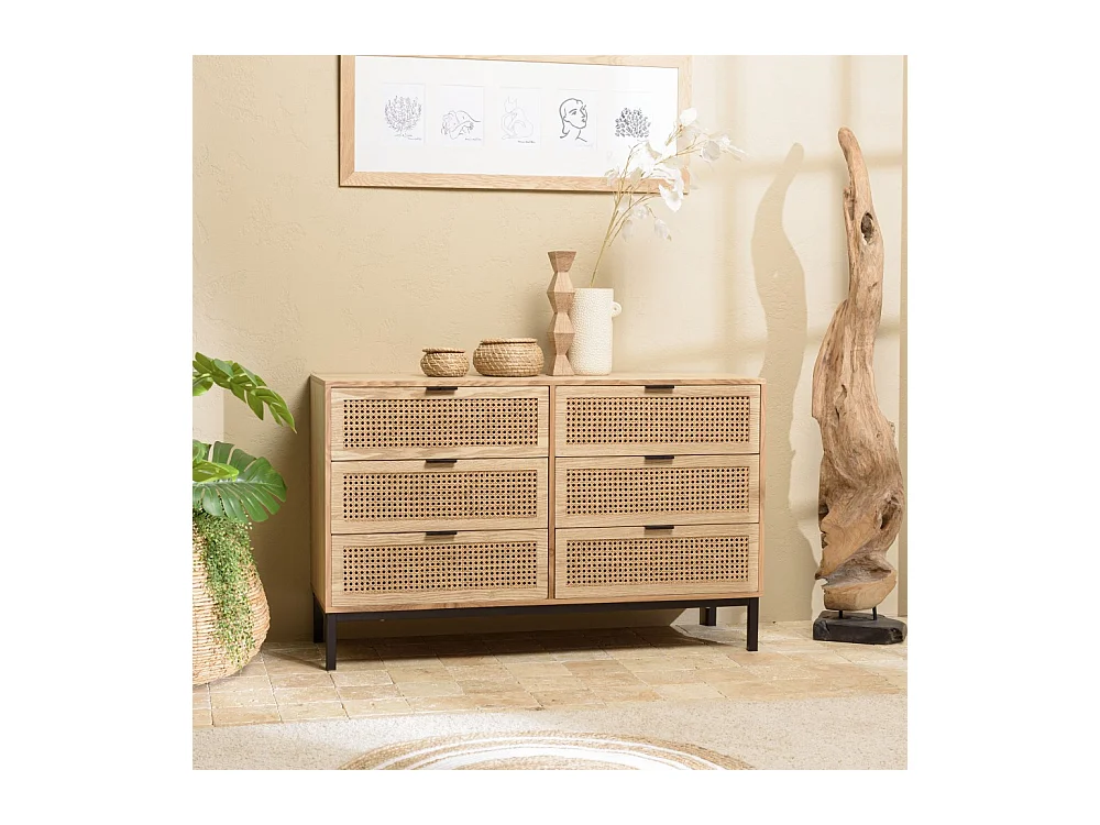 MARCEAU - Commode en bois 6 tiroirs cannage naturel pieds métal noir