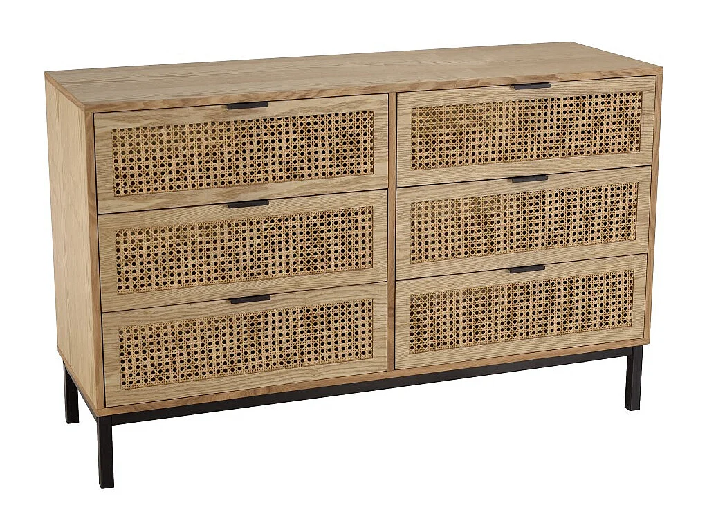 MARCEAU - Commode en bois 6 tiroirs cannage naturel pieds métal noir