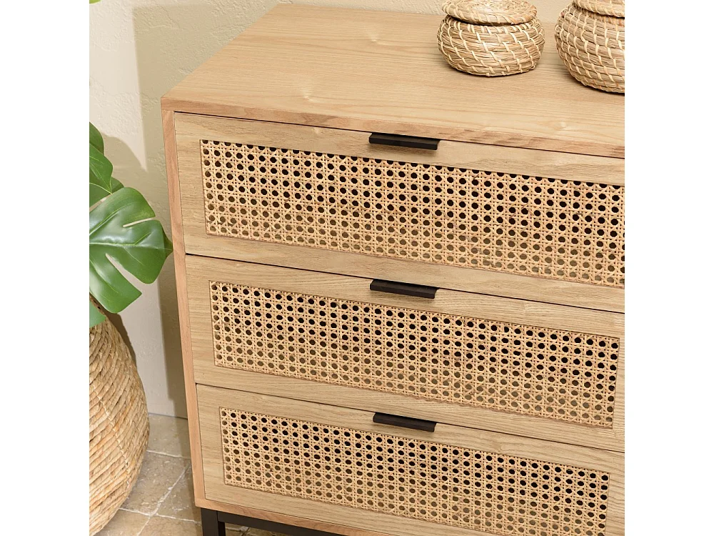 MARCEAU - Commode en bois 6 tiroirs cannage naturel pieds métal noir