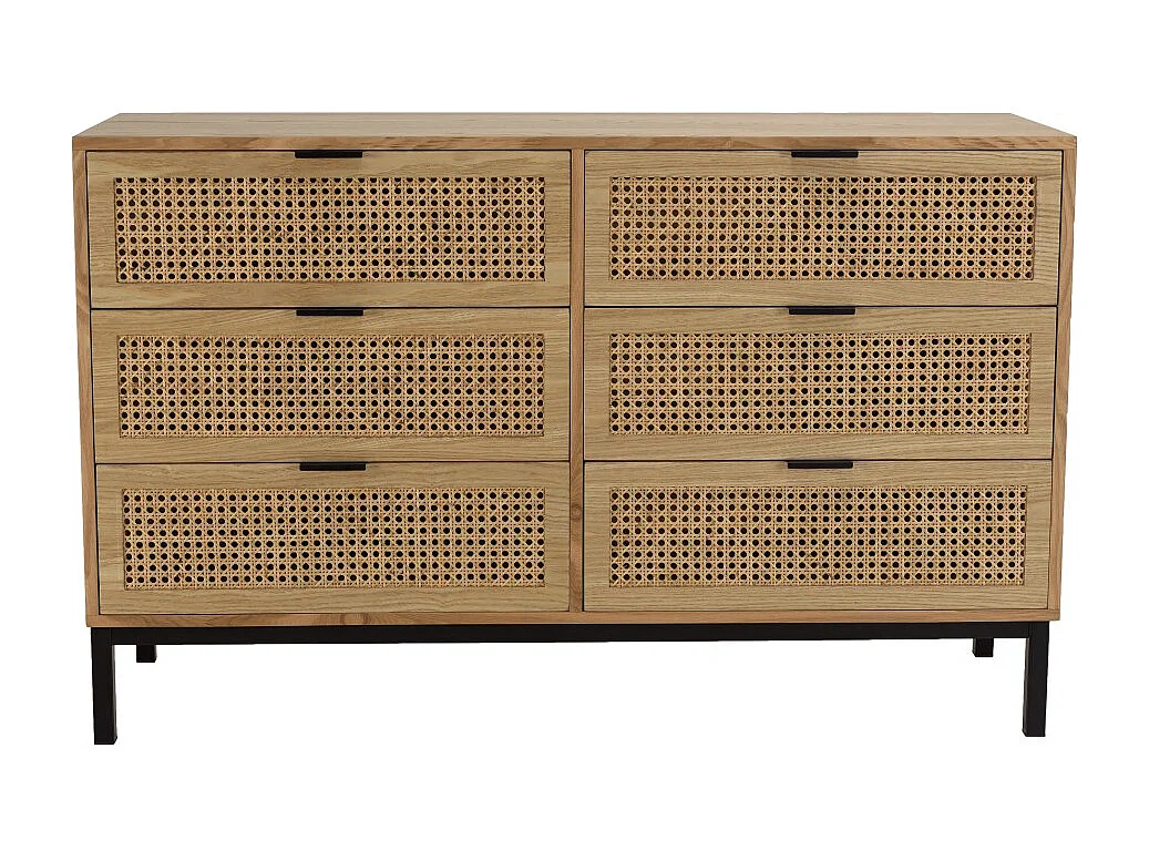 MARCEAU - Commode en bois 6 tiroirs cannage naturel pieds métal noir