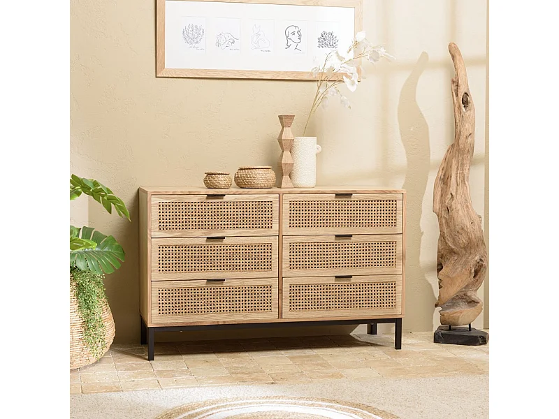 MARCEAU - Commode en bois 6 tiroirs cannage naturel pieds métal noir