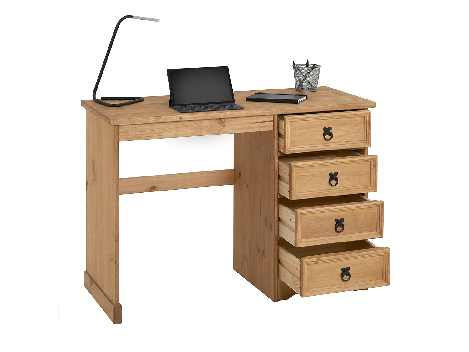 Bureau SALSA avec rangement 4 tiroirs en pin massif finition teintée/cirée, style mexicain