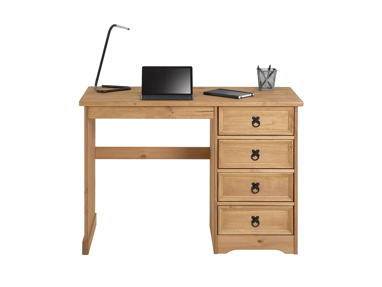Bureau SALSA avec rangement 4 tiroirs en pin massif finition teintée/cirée, style mexicain