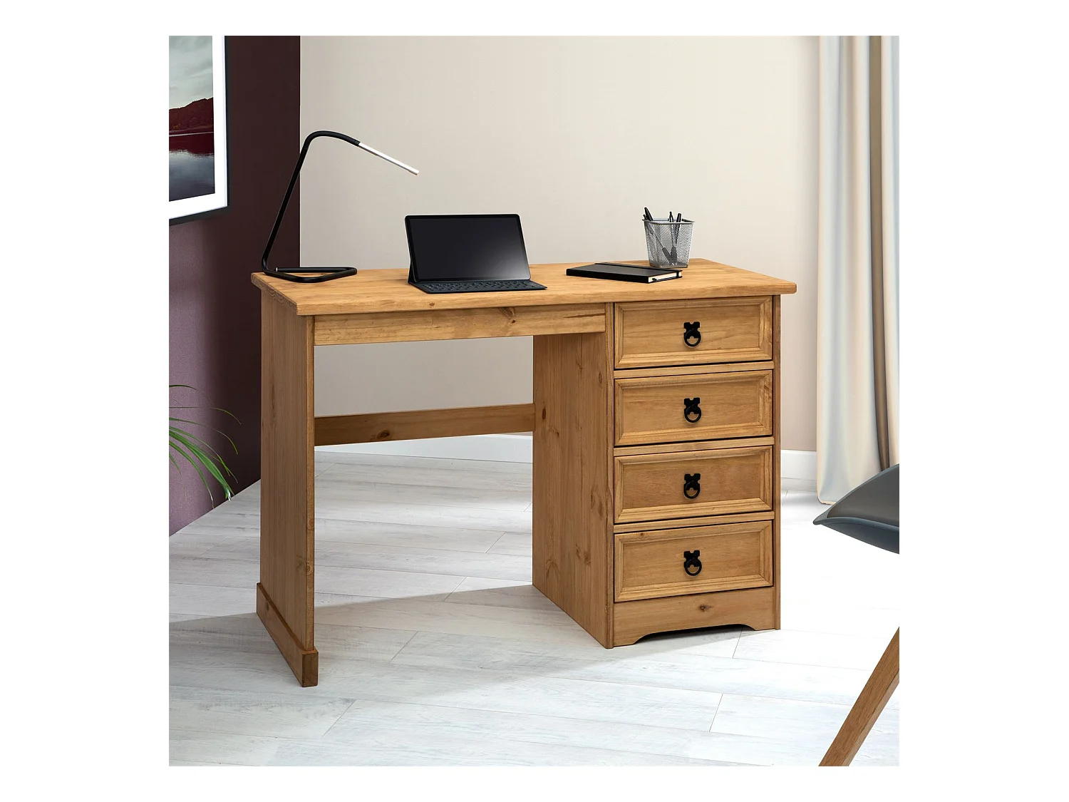 Bureau SALSA avec rangement 4 tiroirs en pin massif finition teintée/cirée, style mexicain