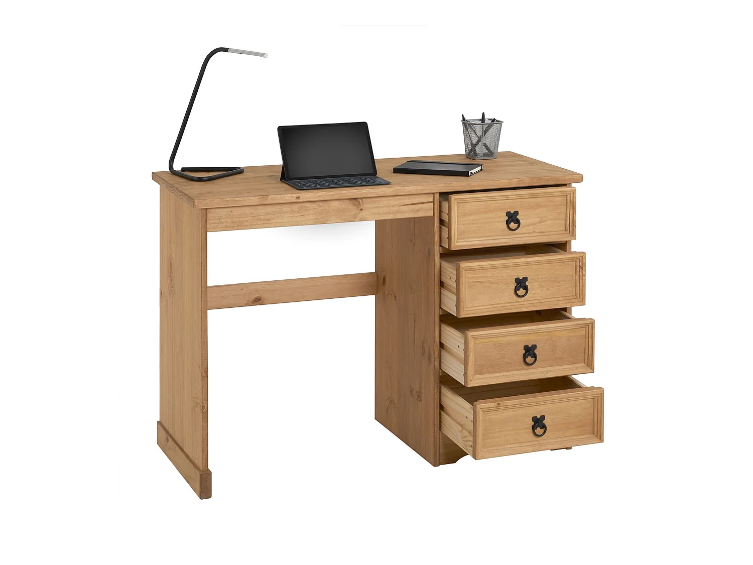 Bureau SALSA avec rangement 4 tiroirs en pin massif finition teintée/cirée, style mexicain