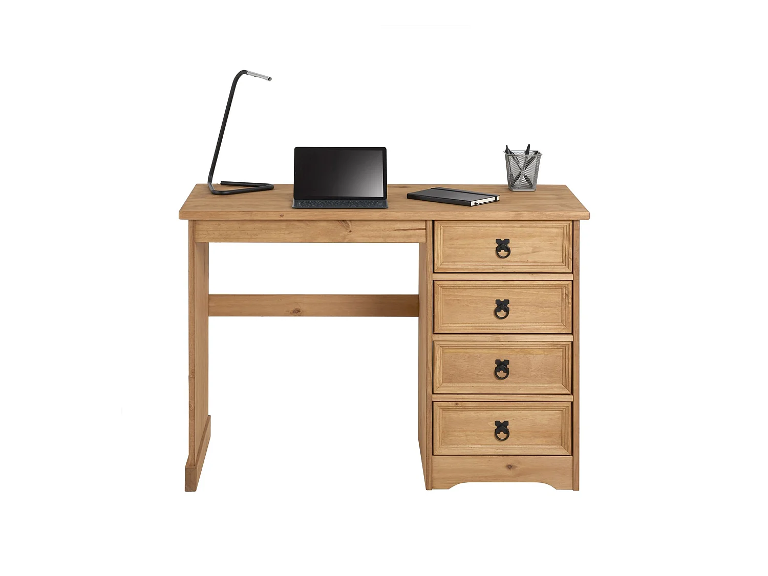 Bureau SALSA avec rangement 4 tiroirs en pin massif finition teintée/cirée, style mexicain