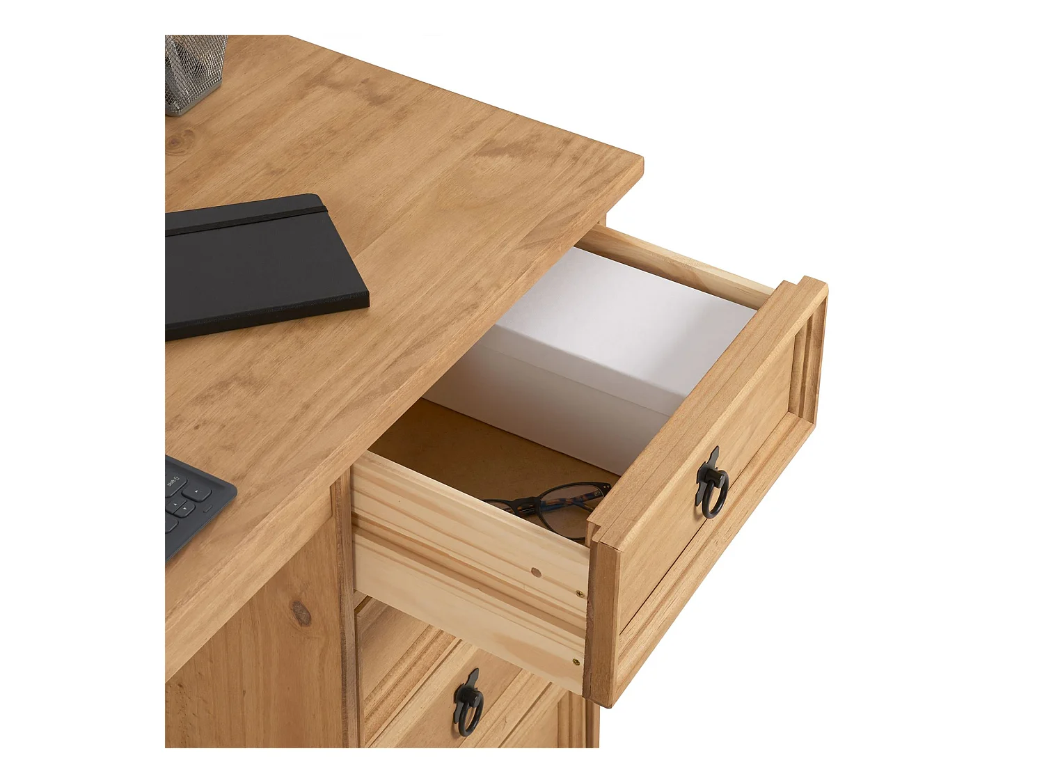 Bureau SALSA avec rangement 4 tiroirs en pin massif finition teintée/cirée, style mexicain