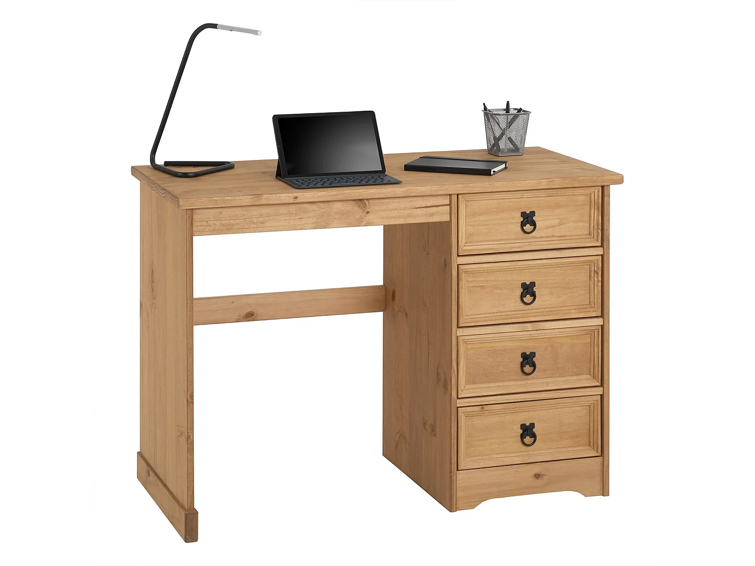 Bureau SALSA avec rangement 4 tiroirs en pin massif finition teintée/cirée, style mexicain