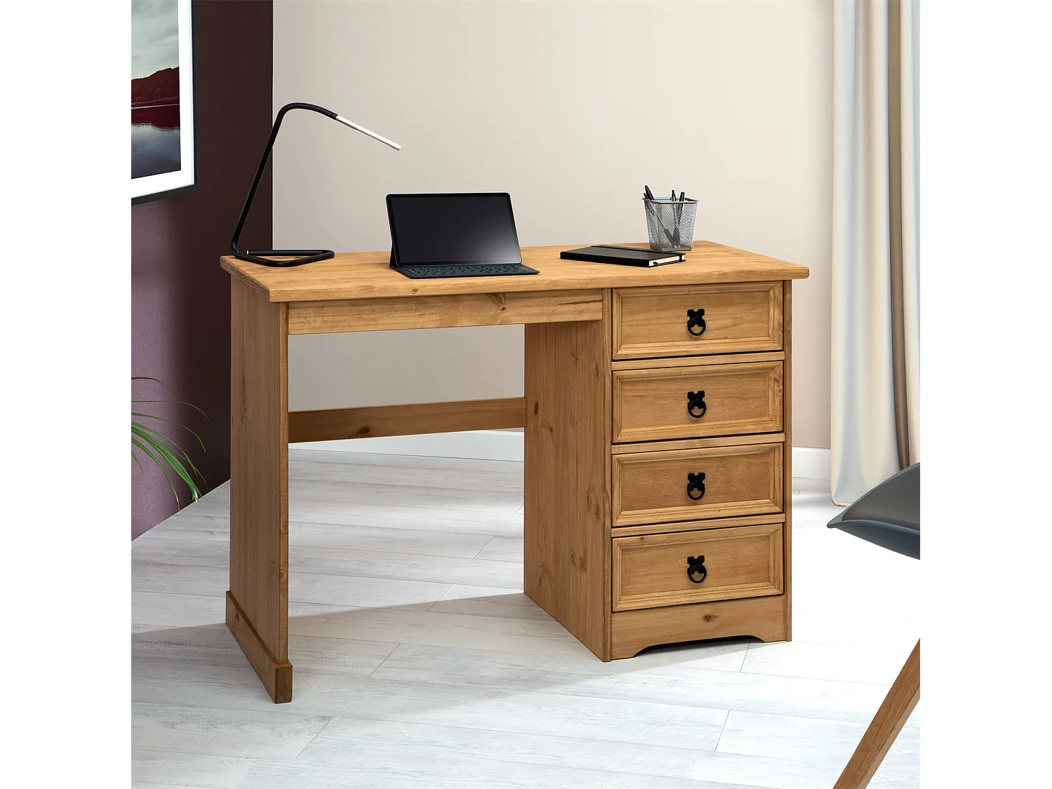 Bureau SALSA avec rangement 4 tiroirs en pin massif finition teintée/cirée, style mexicain