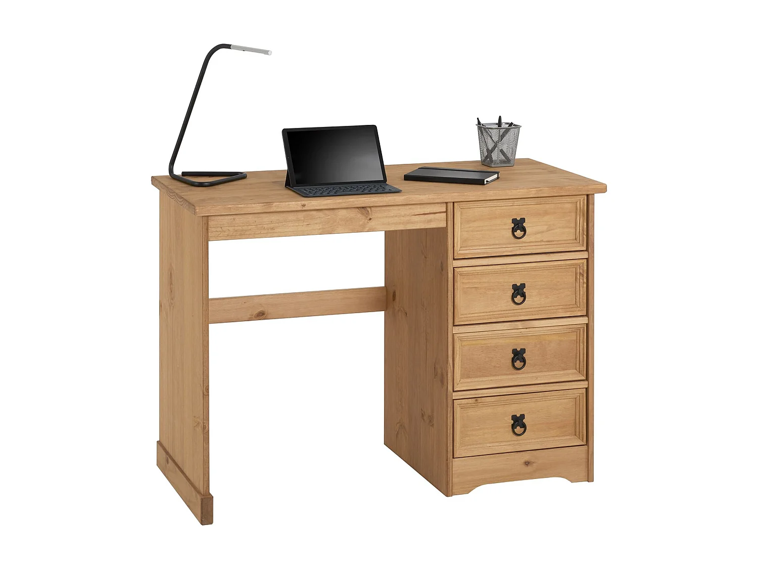 Bureau SALSA avec rangement 4 tiroirs en pin massif finition teintée/cirée, style mexicain