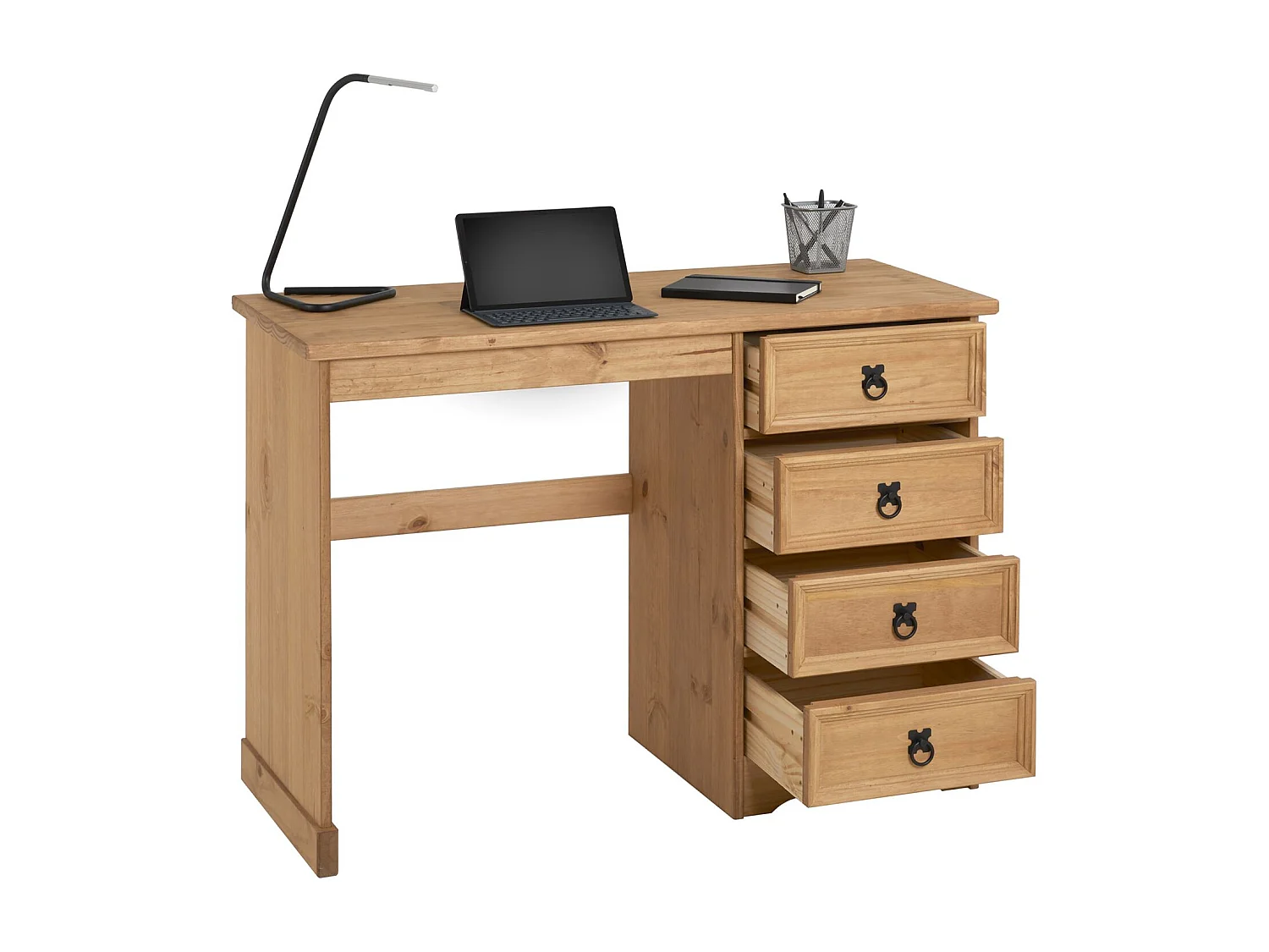 Bureau SALSA avec rangement 4 tiroirs en pin massif finition teintée/cirée, style mexicain