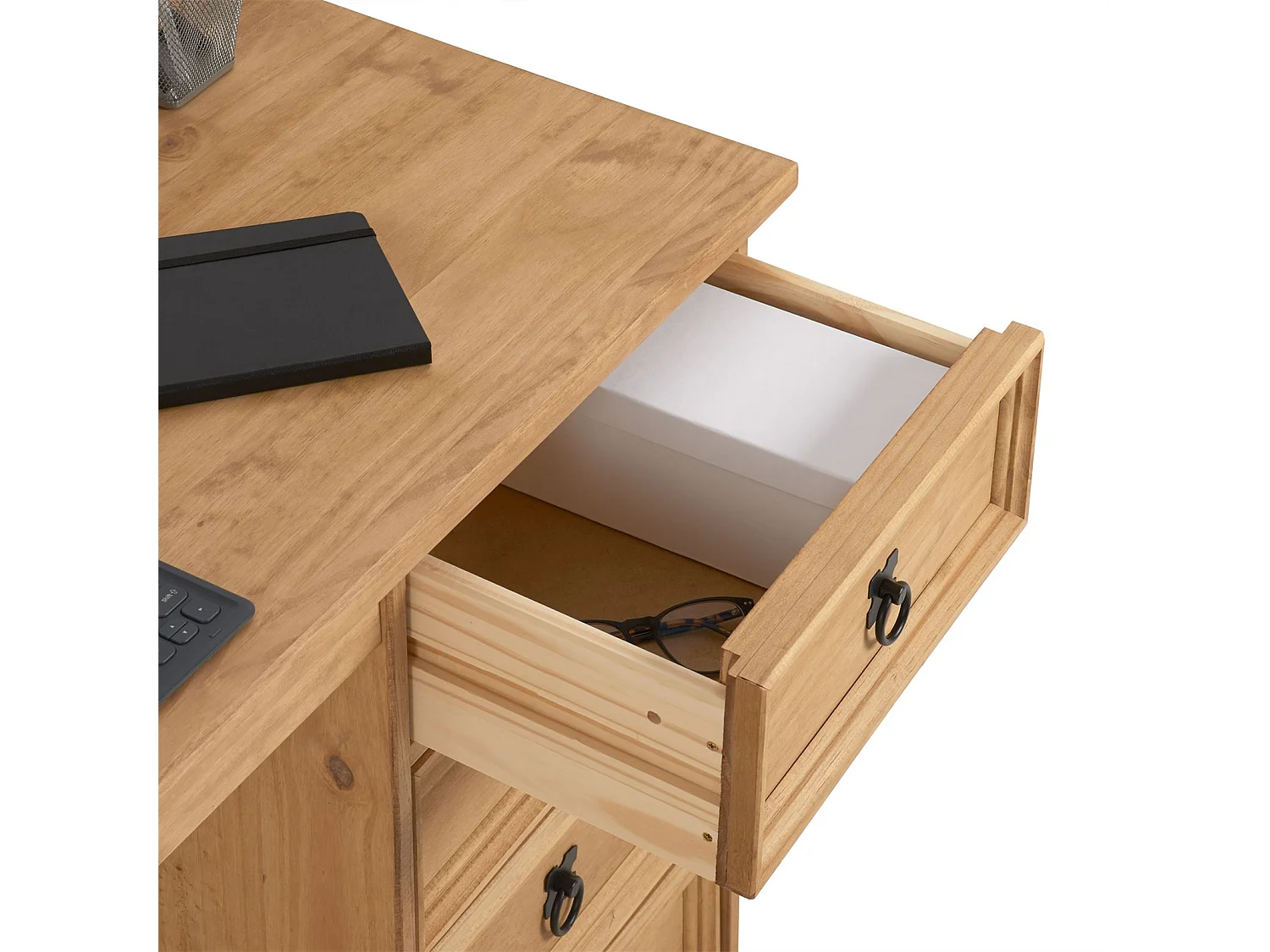 Bureau SALSA avec rangement 4 tiroirs en pin massif finition teintée/cirée, style mexicain