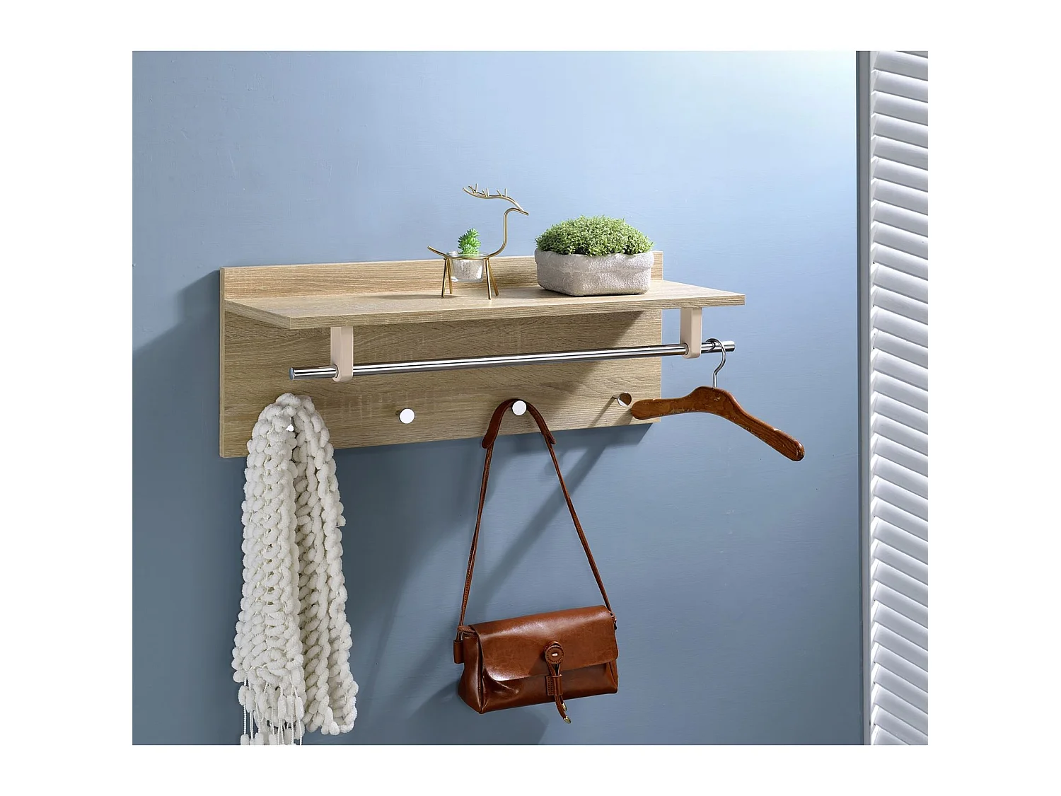 Porte-manteaux mural ULF penderie murale avec 1 étagère de rangement 1 tringle 4 patères crochets métal chromé, décor chêne sonoma