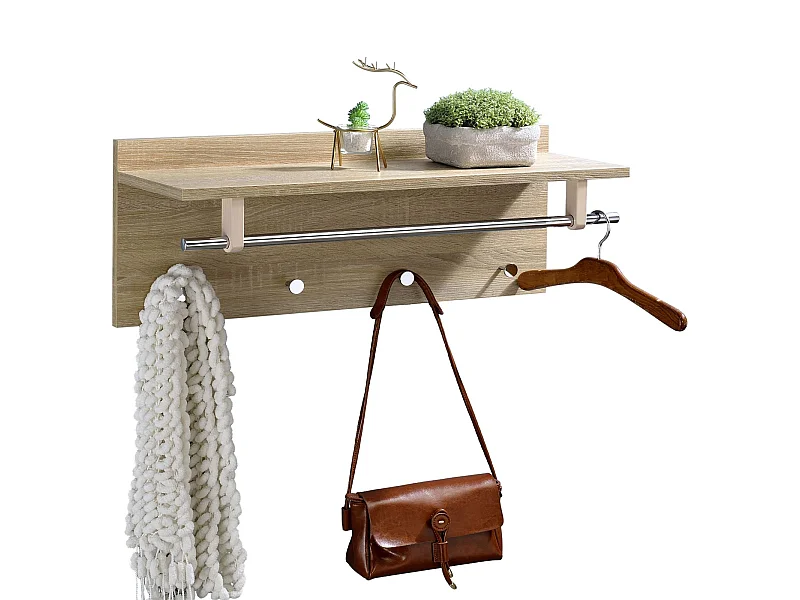Porte-manteaux mural ULF penderie murale avec 1 étagère de rangement 1 tringle 4 patères crochets métal chromé, décor chêne sonoma