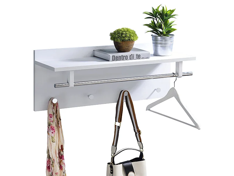 Porte-manteaux mural ULF penderie murale avec 1 étagère de rangement 1 tringle et 4 patères crochets métal chromé, décor blanc mat