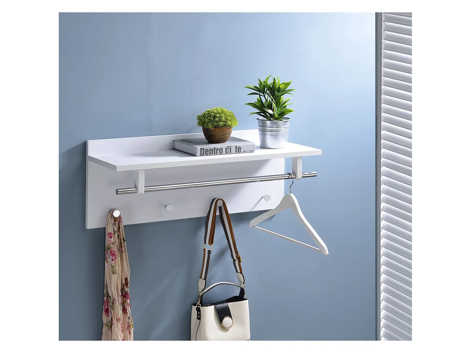 Porte-manteaux mural ULF penderie murale avec 1 étagère de rangement 1 tringle et 4 patères crochets métal chromé, décor blanc mat