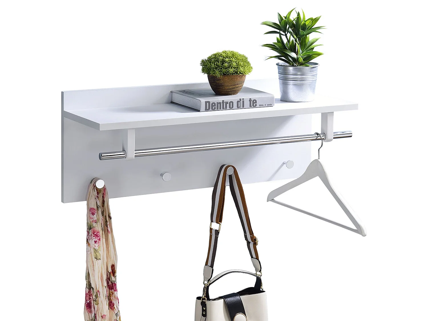 Porte-manteaux mural ULF penderie murale avec 1 étagère de rangement 1 tringle et 4 patères crochets métal chromé, décor blanc mat