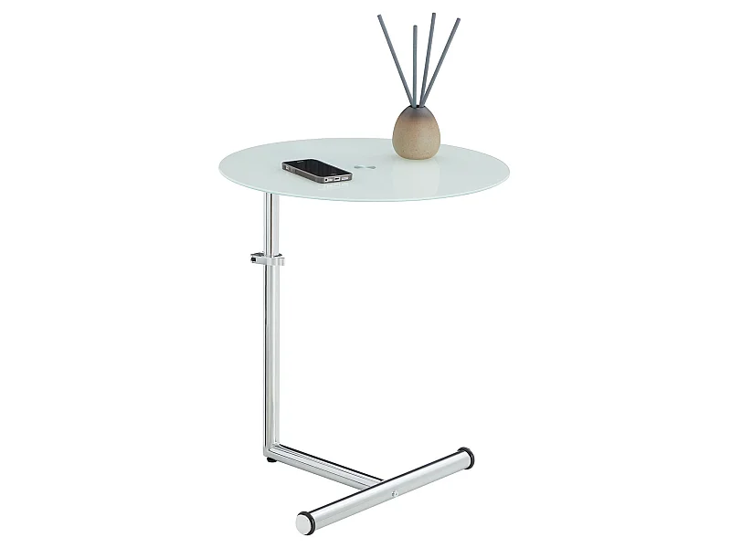 Table d'appoint LEONIE bout de canapé rond table à café table basse hauteur réglable, en métal chromé et verre trempé blanc