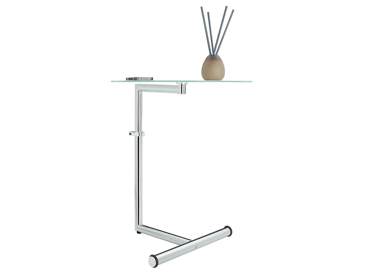 Table d'appoint LEONIE bout de canapé rond table à café table basse hauteur réglable, en métal chromé et verre trempé blanc