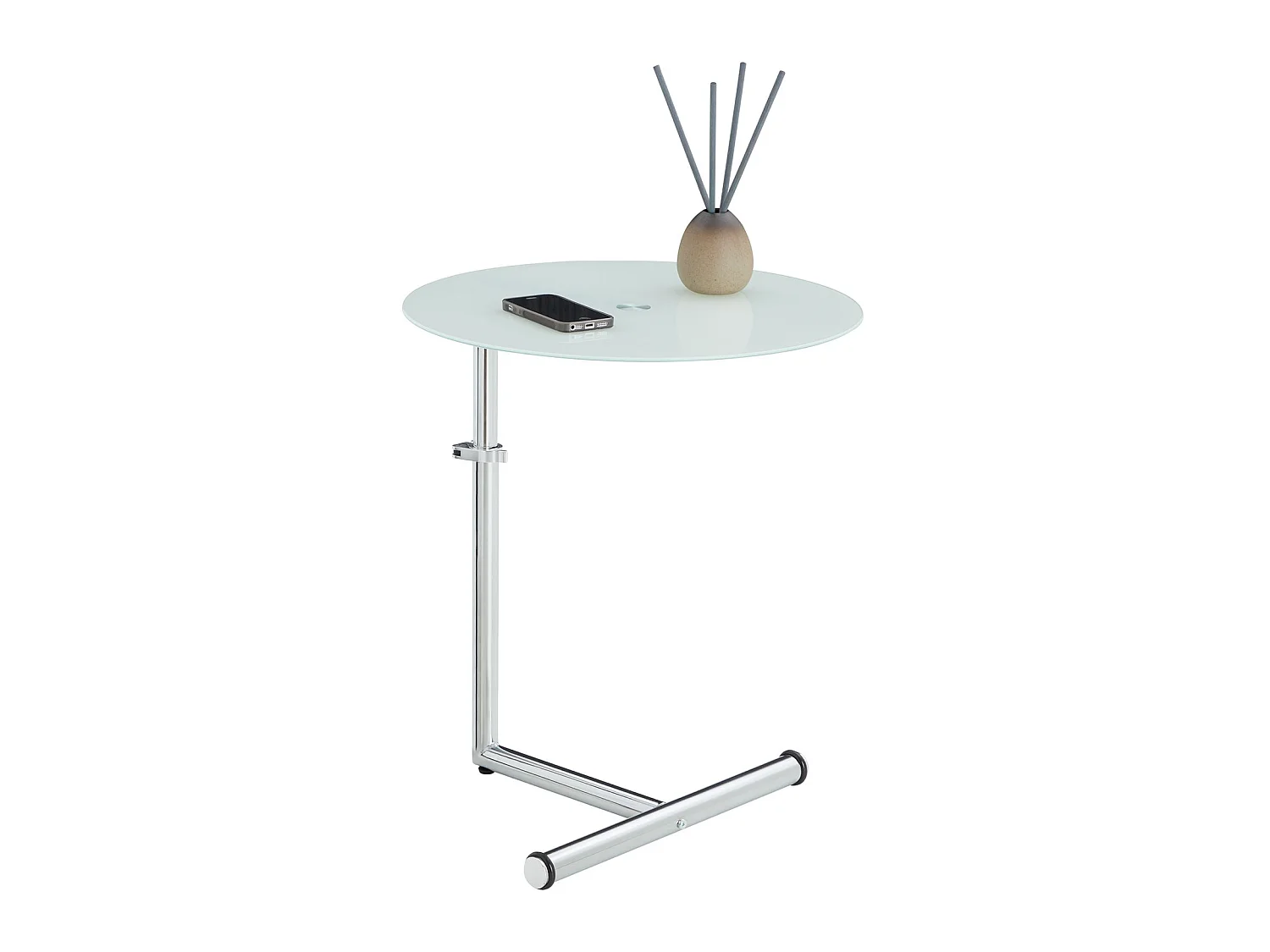 Table d'appoint LEONIE bout de canapé rond table à café table basse hauteur réglable, en métal chromé et verre trempé blanc