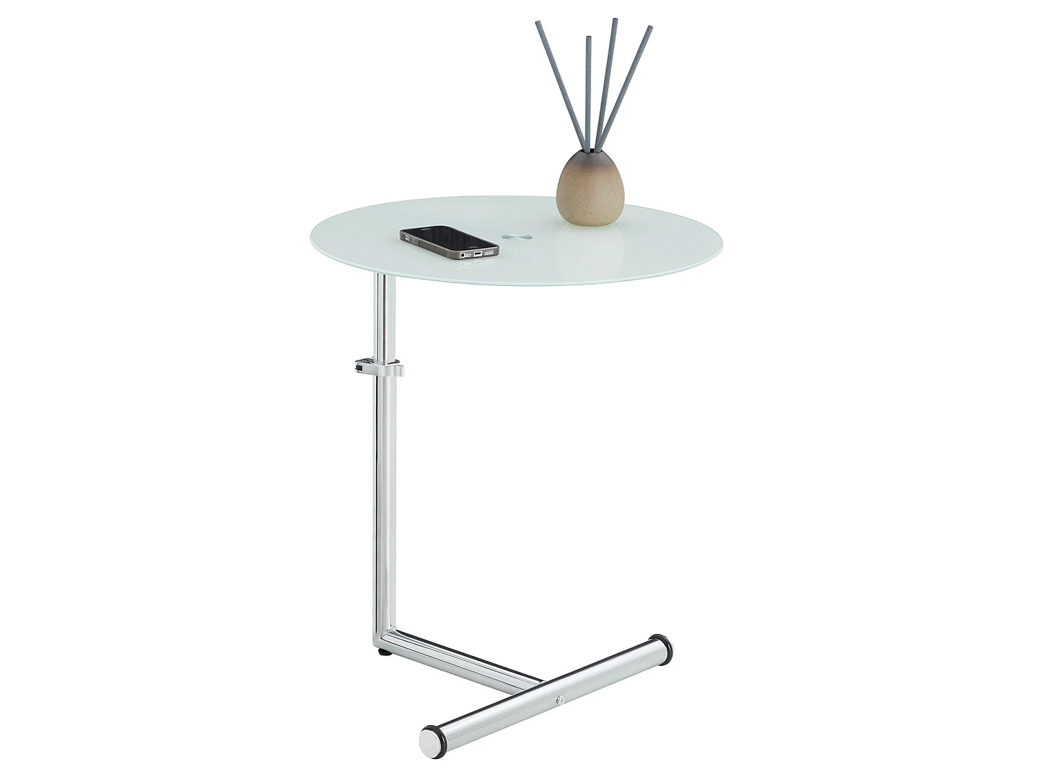 Table d'appoint LEONIE bout de canapé rond table à café table basse hauteur réglable, en métal chromé et verre trempé blanc