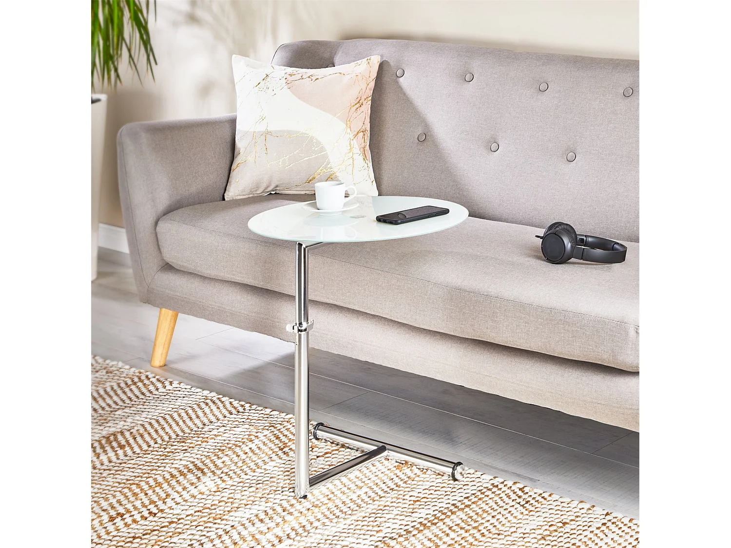 Table d'appoint LEONIE bout de canapé rond table à café table basse hauteur réglable, en métal chromé et verre trempé blanc