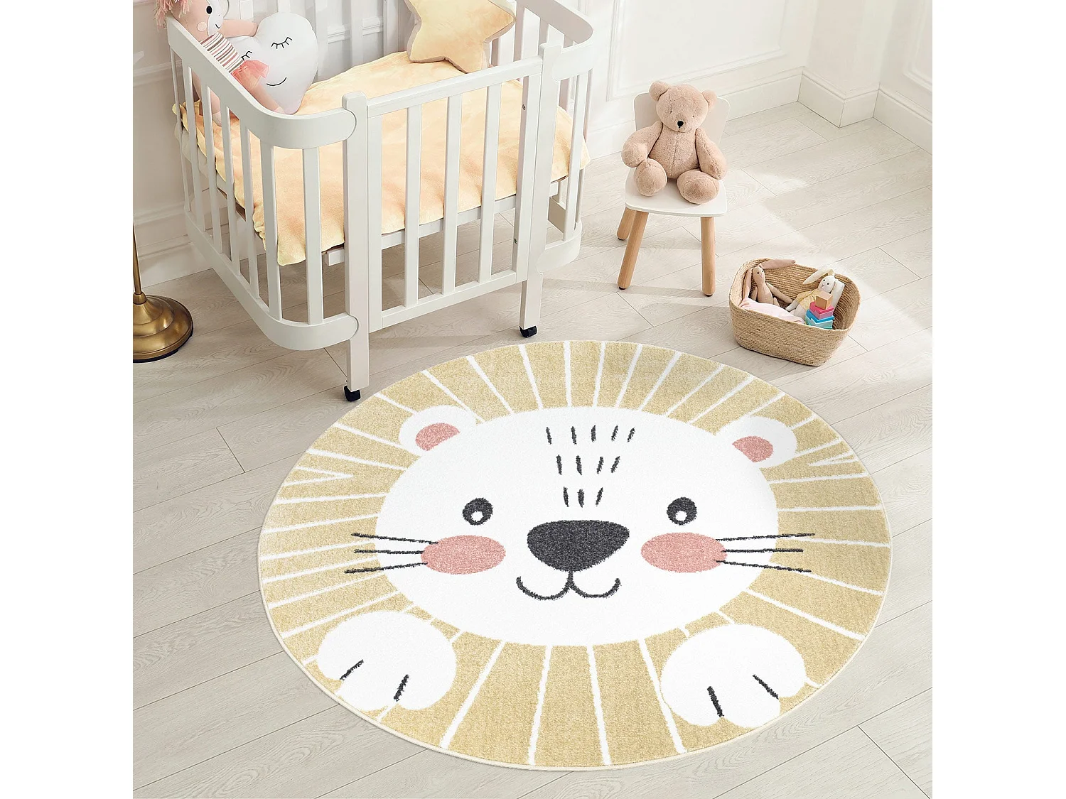 Tapis Rond pour chambre d'enfant Lion Jaune et Blanc 120x120cm