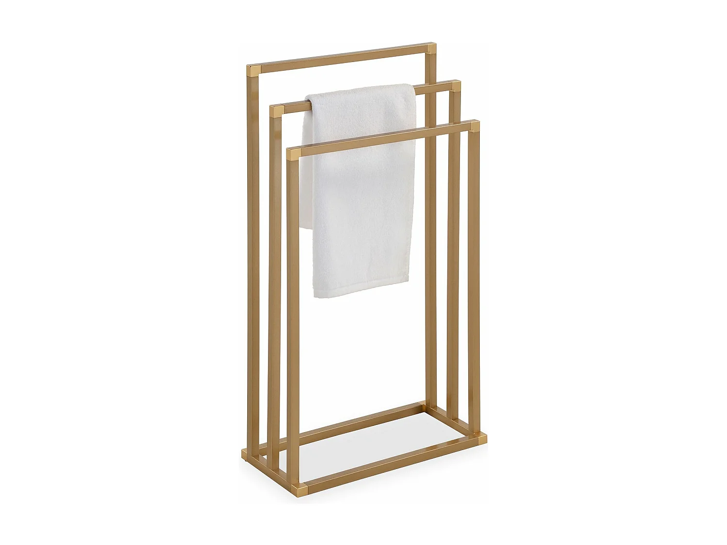 Porte-serviettes sur pied KUNO portant pour vêtements et linge de salle de bain avec 3 niveaux d'étendage, structure en métal doré